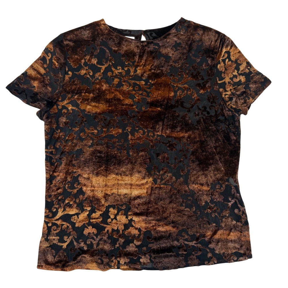 Vintage Burnout Velvet Short Sleeve Top Damask Brown Black Sheer 90s Grunge M